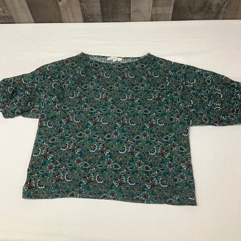 LOFT Women XL Green Floral Paisley Puff Sleeve Boat Neck Blouse Texture Top NWOT